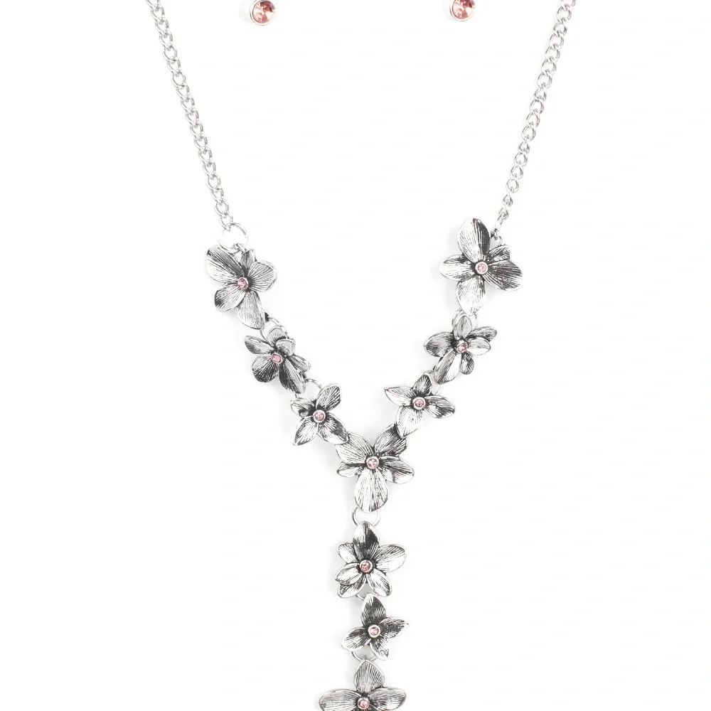 Fairytale Meadow - Pink Rhinestone Floral Y-Chain Necklace & Earrings Set - Picture 3 of 3